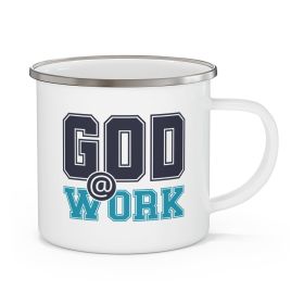 Enamel Camping Mug, God @ Work Navy Blue And Blue Green Print