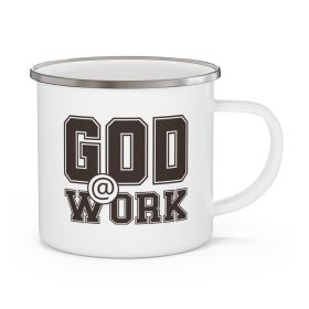 Enamel Camping Mug, God @ Work Brown And White Print