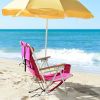 Folding Beach Chair Set of 2 for Adults, 4 Position Portable Backpack Foldable Camping Chair with Headrest Cup Holder and Wooden Armrests, Pink