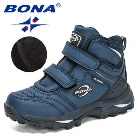 BONA 2020 New Designers Plush Snow Boots Children Sport Sneakers Terkking Boots Kids Hiking Mountain Climbing Camping Footwear (Color: Deep blue S gray)