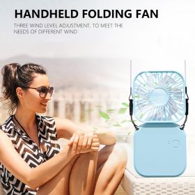 Foldable Electric Fan Strap Type Portable Air Conditioners Camping Mirror USB Rechargeable Small Fan Desktop Summer Convenient (Color: Pink)